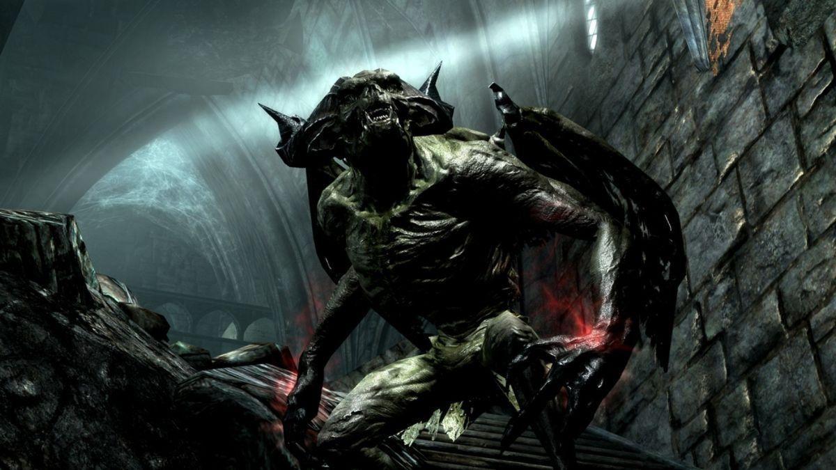 Imagem de Skyrim mostrando uma criatura vampírica com aparência de Gárgula.