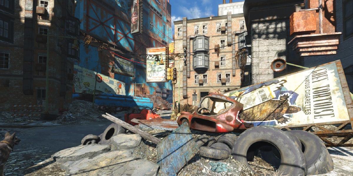 Imagem detalhada de Fallout 4 mostrando uma rua delapidada.