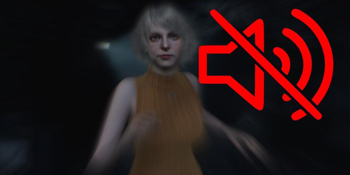Imagem do remake de Resident Evil 4 mostrando Ashley correndo com um símbolo mudo ao lado dela.