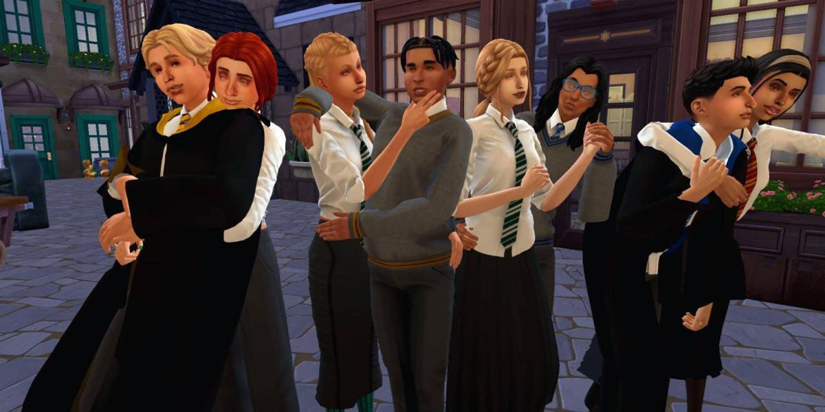 Oito Sims adolescentes exibindo o Uniforme CC de Hogwarts