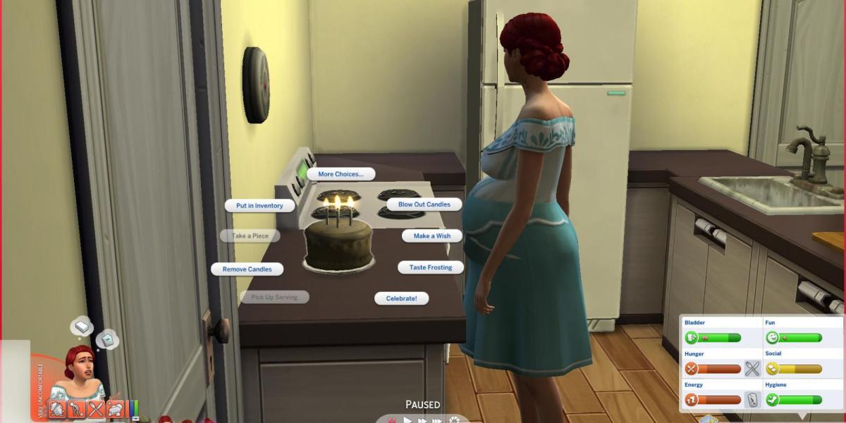 The Sims 4 Sim grávida envelhecendo usando um bolo de aniversário