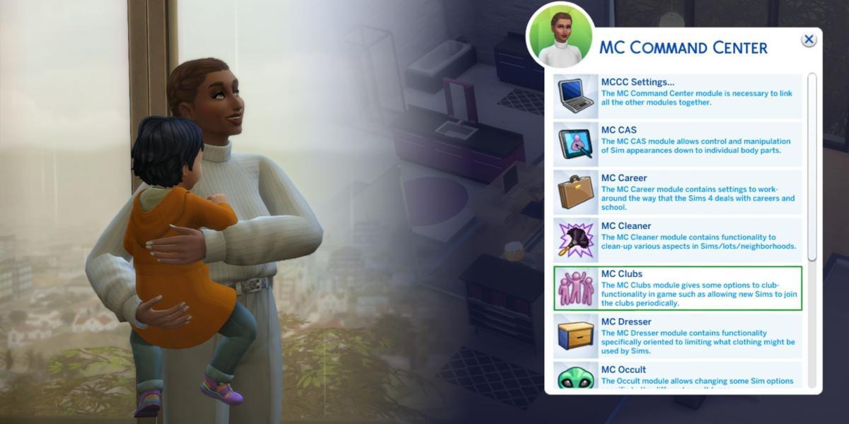 Grade dividida de um Sim segurando um bebê Sim e um menu no jogo no The Sims 4.