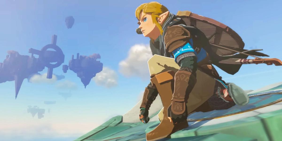 Link se agacha em uma Asa Zonai no ar em Tears of the Kingdom