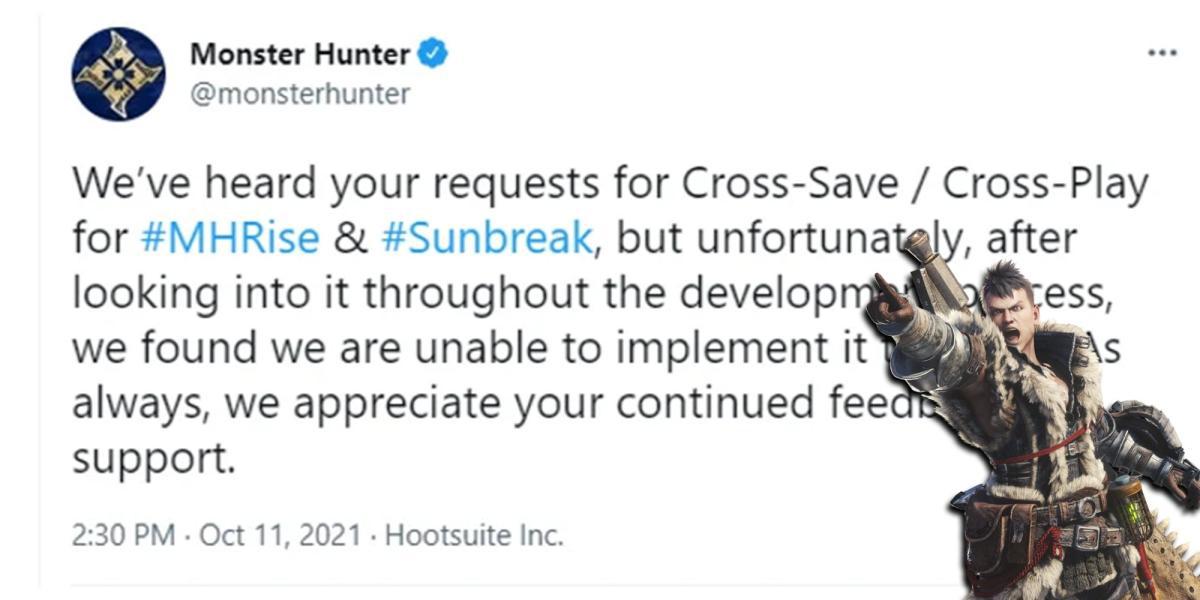 Monster Hunter Rise - Tweet confirmando que não há crossplay ou cross save com Hunter apontando com raiva para ele