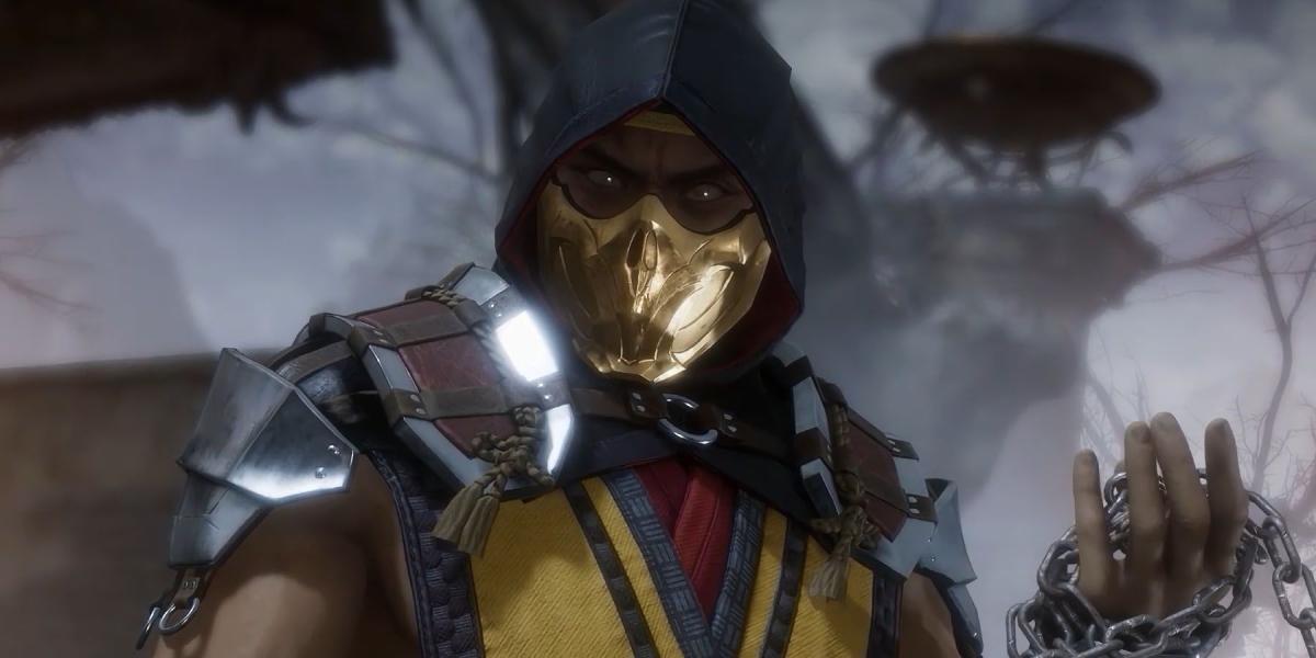 Um close-up de Scorpion usando sua arma de corrente em Mortal Kombat 11.