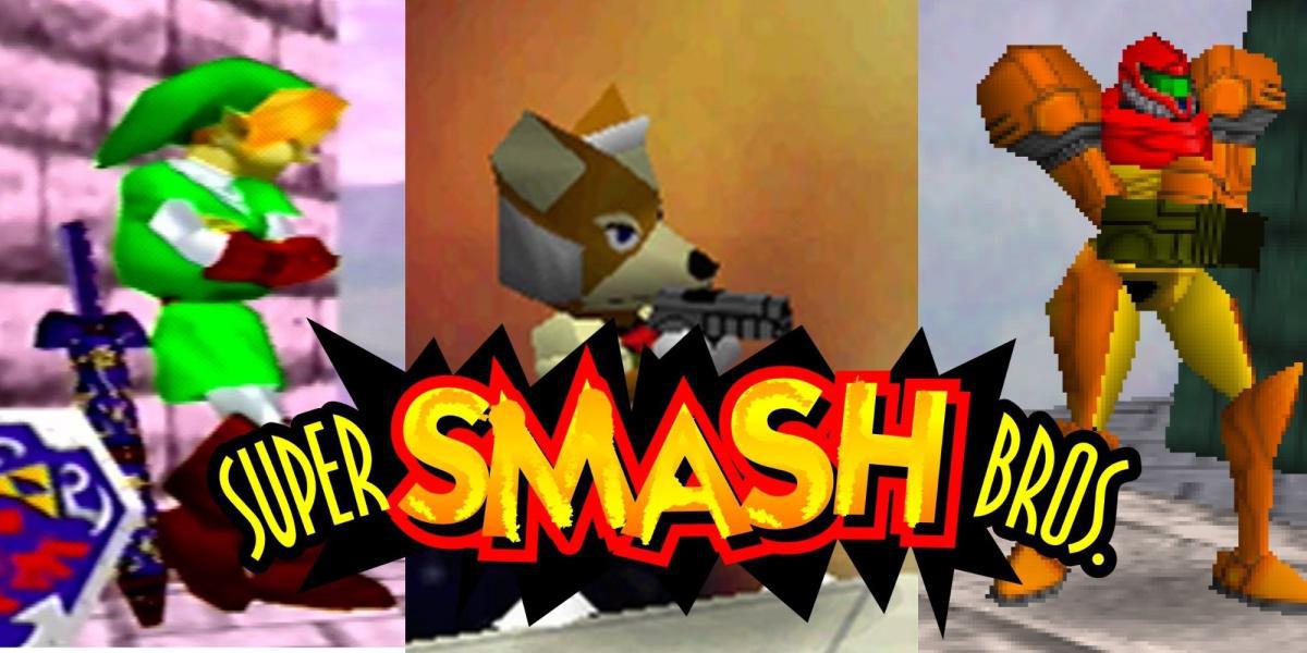 Imagem dividida com Link, Fox e Samus de Super Smash Bros. Nintendo 64 e o logotipo do jogo original na parte inferior