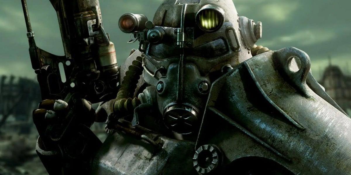 Imagem aproximada de um membro da Brotherhood of Steel de Fallout 3.