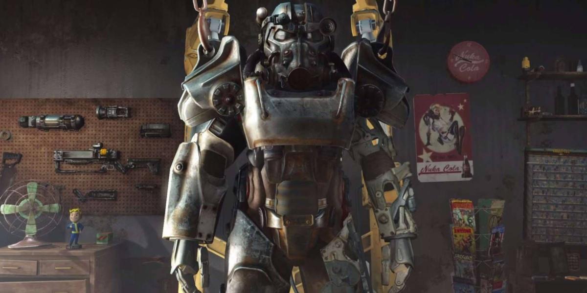 Um traje de Power Armor em uma oficina de Fallout 4