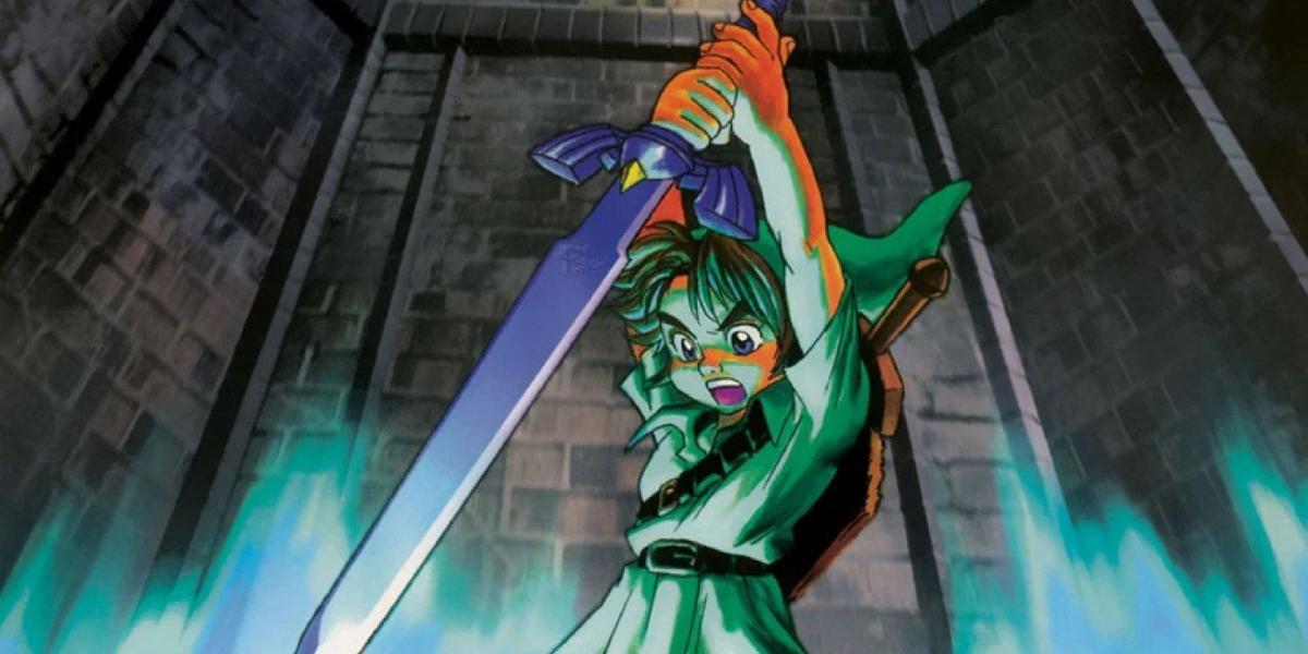 Young Link puxa a Master Sword de seu lugar de descanso no Templo do Tempo