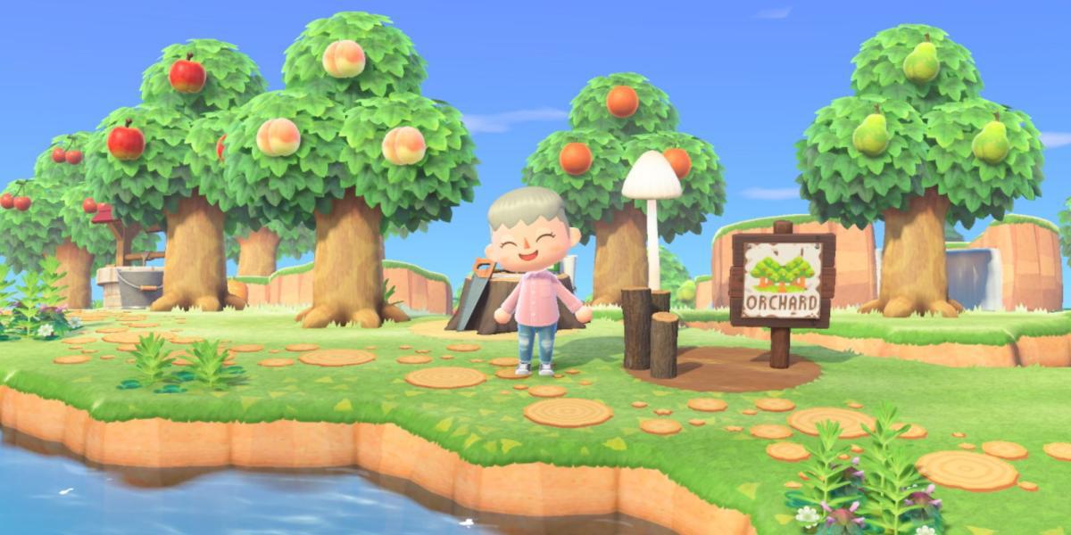 Um jogador fica em seu pomar em Animal Crossing New Horizons