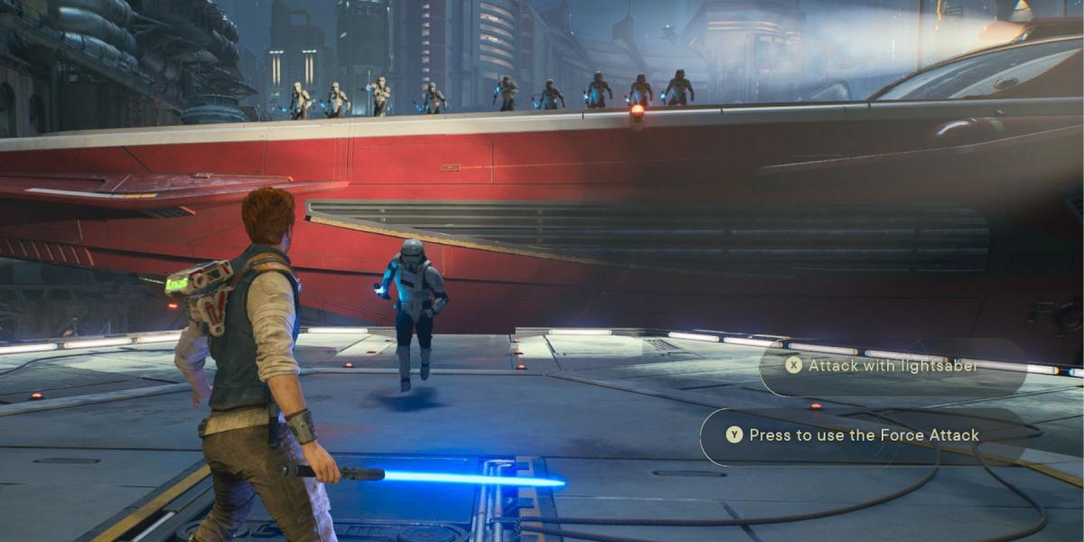 imagem mostrando cal kestis prestes a lutar contra stormtroopers..