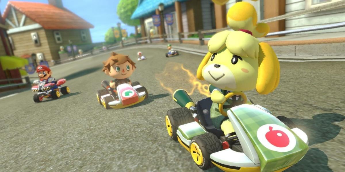 Imagens de Mario Kart 8 Deluxe de Isabelle and the Villager de Animal Crossing corrida de karts com Mario