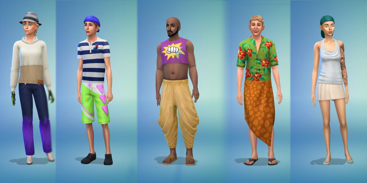 Vários Sims do jogo base vestindo roupas de clima quente e frio geradas aleatoriamente