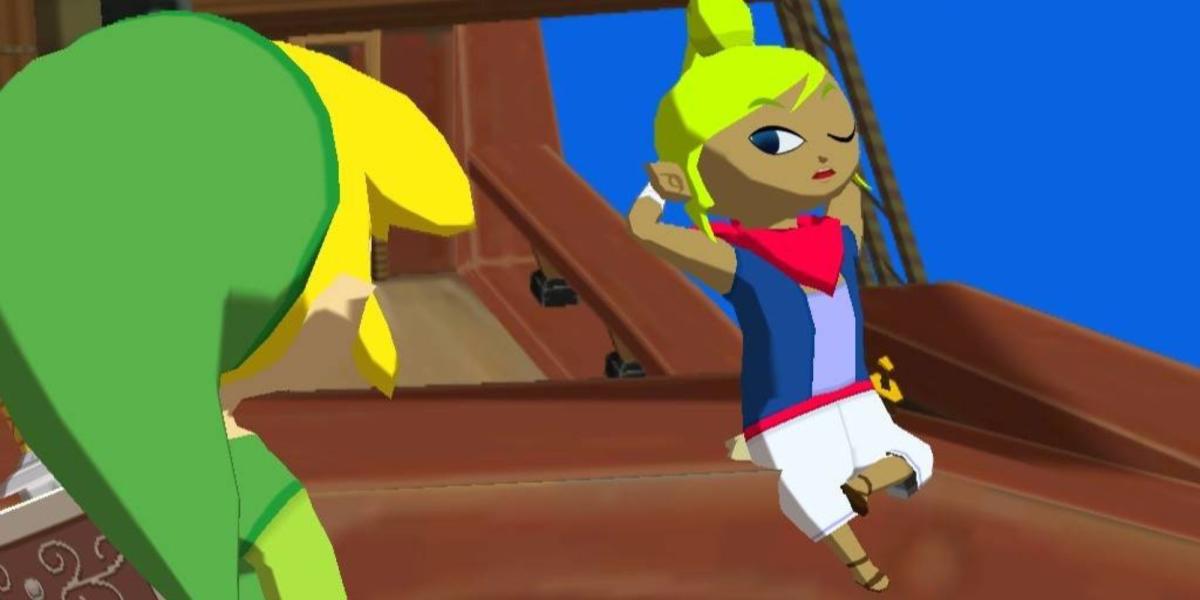 Tetra olhando para Link com um olho em seu barco em The Legend of Zelda: The Wind Waker
