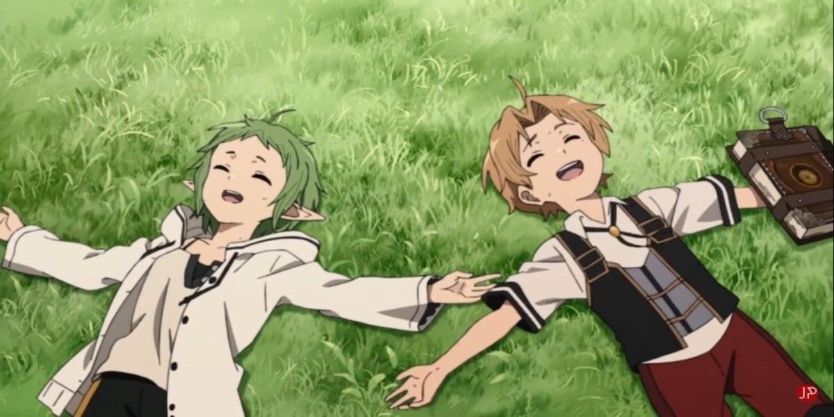 Mushoku Tensei deitado na grama