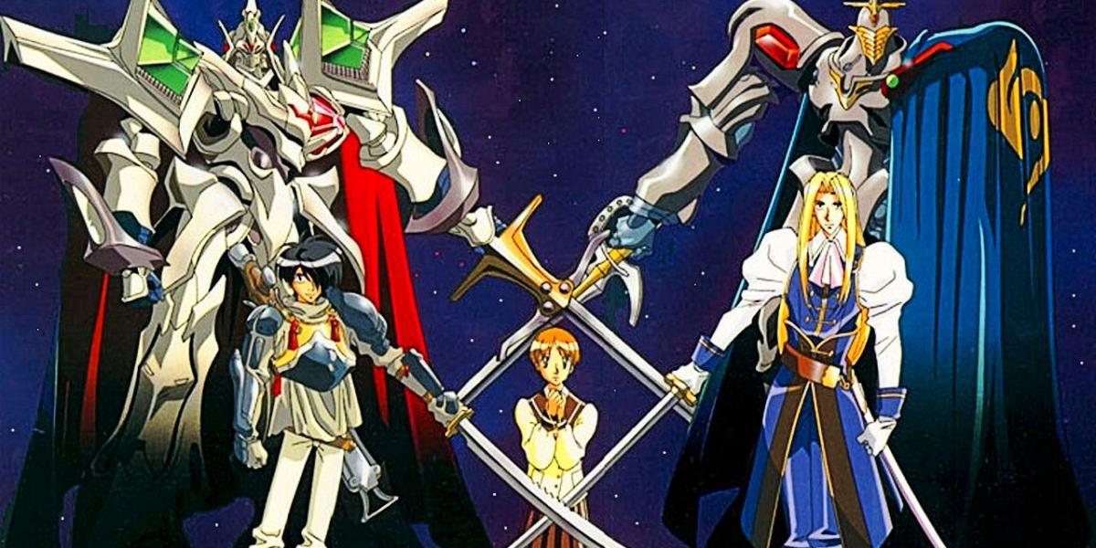 os três personagens principais do anime juntos na arte do show com suas espadas e mechs