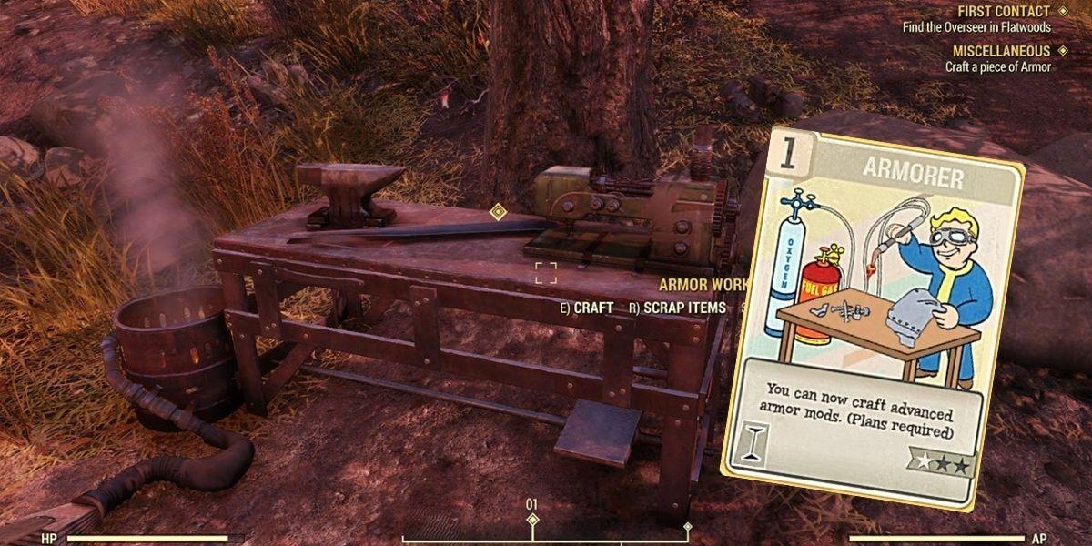 Bancada de armadura de Fallout 76 e cartão de perk de armeiro