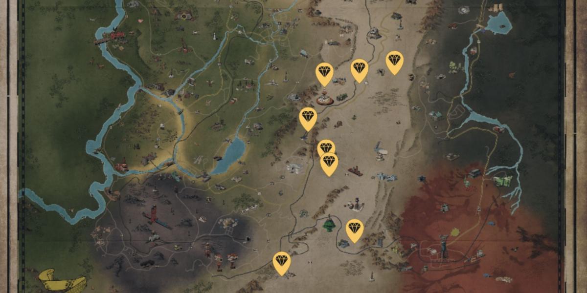 imagem mostrando as localizações das power armors raider em fallout 76.