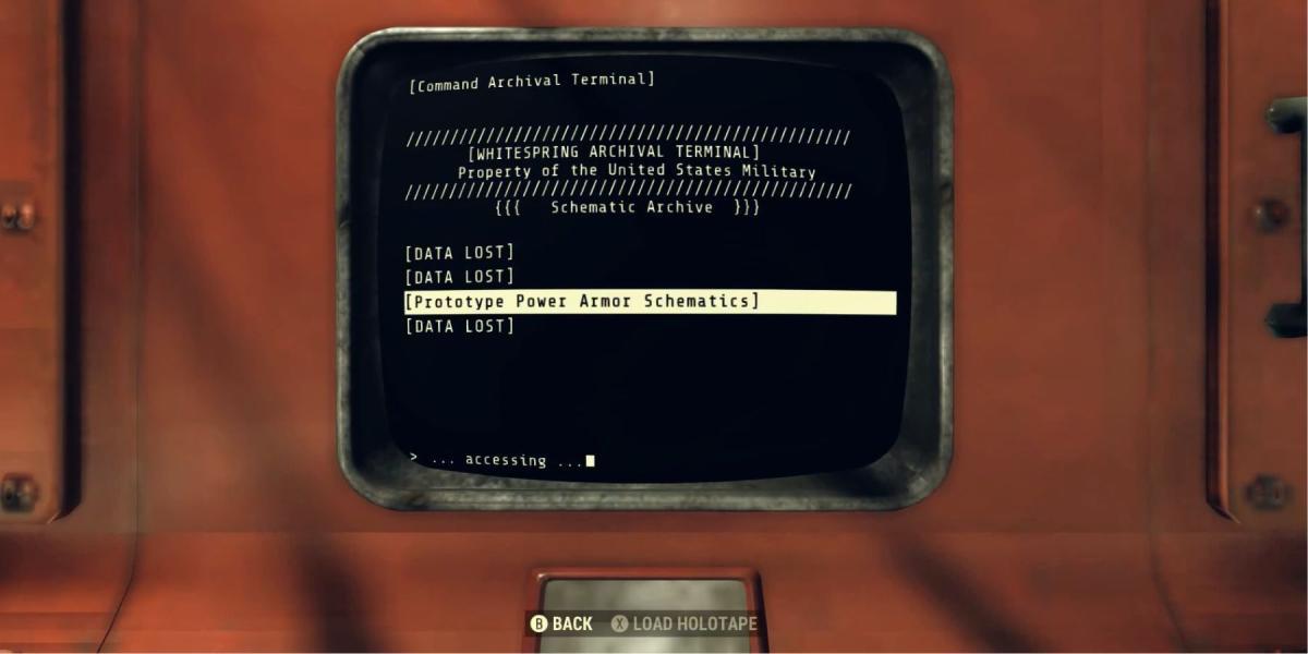 imagem mostrando o terminal de arquivo onde os jogadores podem obter os planos de power armor x-01.