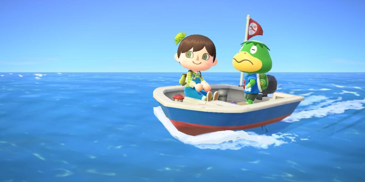 Um jogador senta em um barco motorizado com Kapp'n em Animal Crossing New Horizons