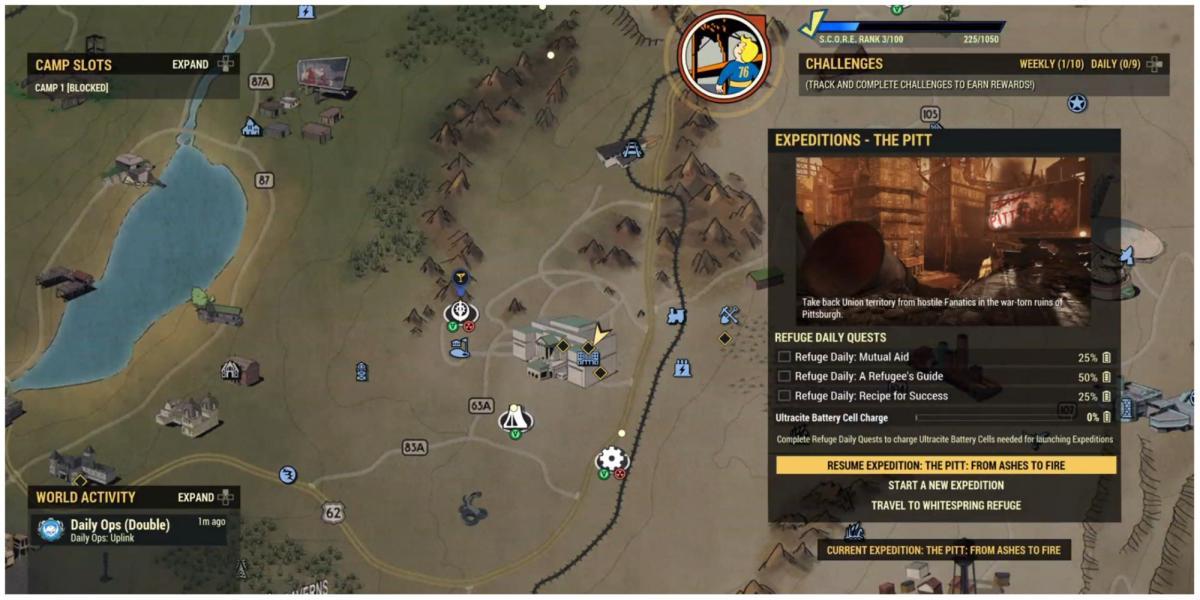 Tela do mapa do Fallout 76 com o submenu das expedições do Pitt aberto