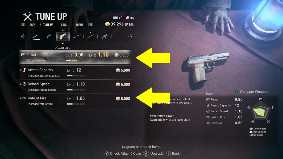 imagem mostrando como atualizar a pistola do punidor em re4 remake.