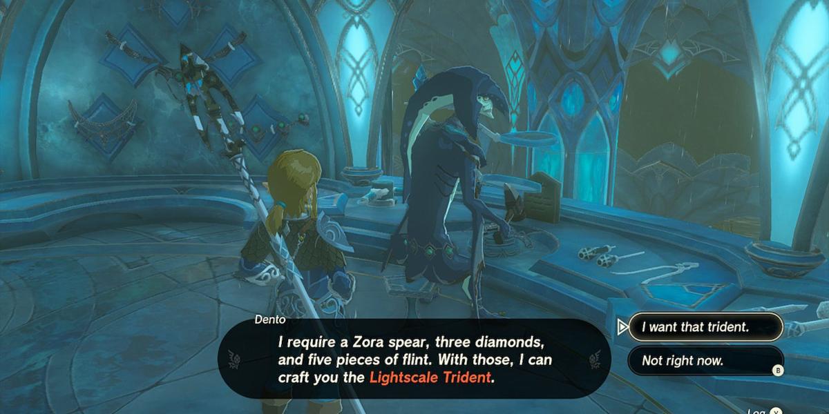 Legend of Zelda Tears Of The Kingdom - Dento Listando os materiais necessários para criar o tridente em escala de luz