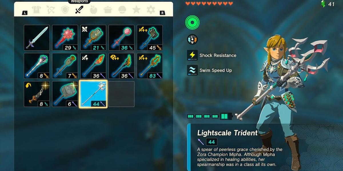 Legend of Zelda Tears of the Kingdom - Lightscale Trident sendo segurado pelo link no menu
