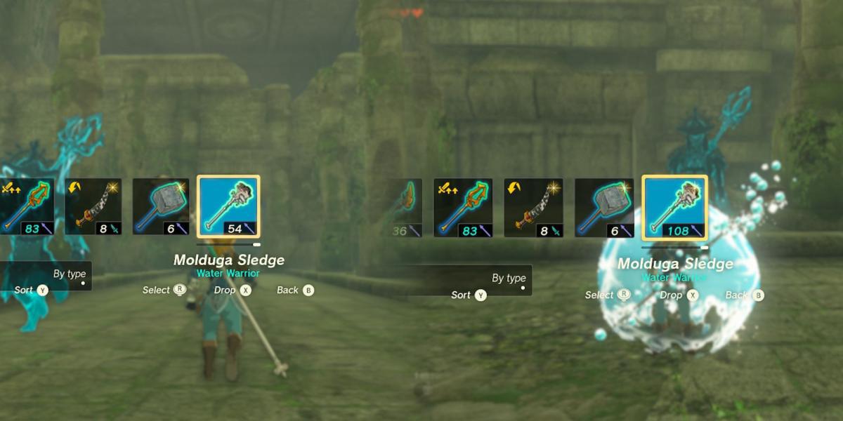 Zelda Tears of the Kingdom - Comparando o dano na lança ao lado da lança com o guerreiro da água ativo