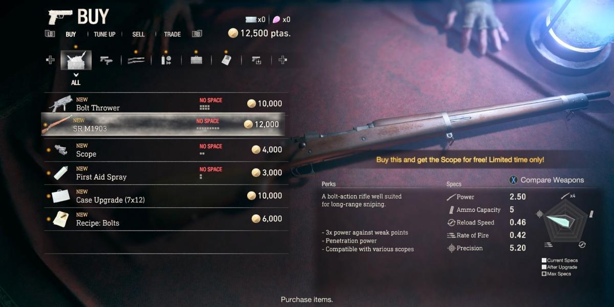 Resident Evil 4 Remake Sniper Rifle SR M1903 arma inventário do comerciante