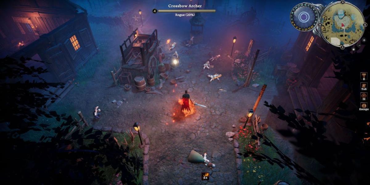 Uma cena de combate com zoom reduzido em V Rising. o protagonista cercado por uma coroa de chamas ao se aproximar dos arqueiros inimigos