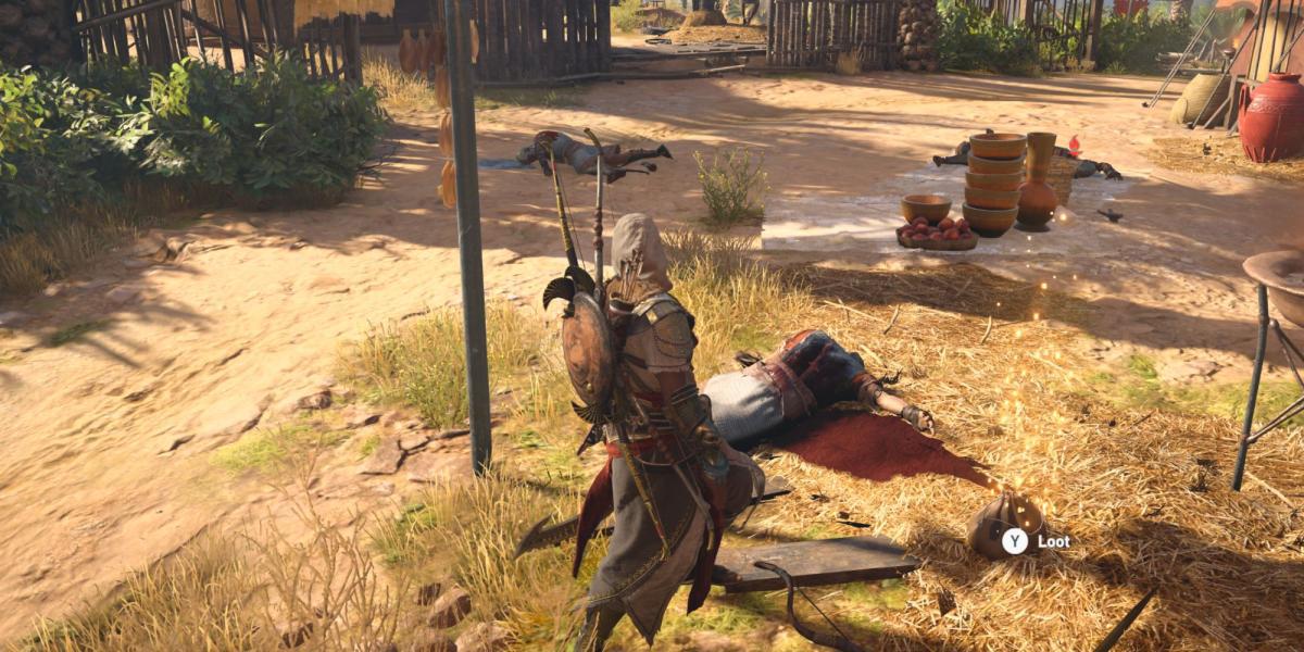 Assassin's Creed Origins - Bayek saqueando inimigos abatidos