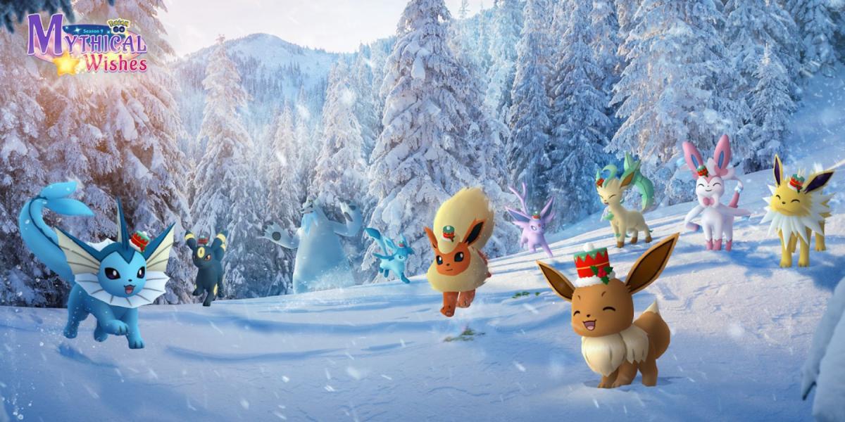imagem mostrando todas as evoluções do eevee usando o chapéu de feriado em pokemon go.