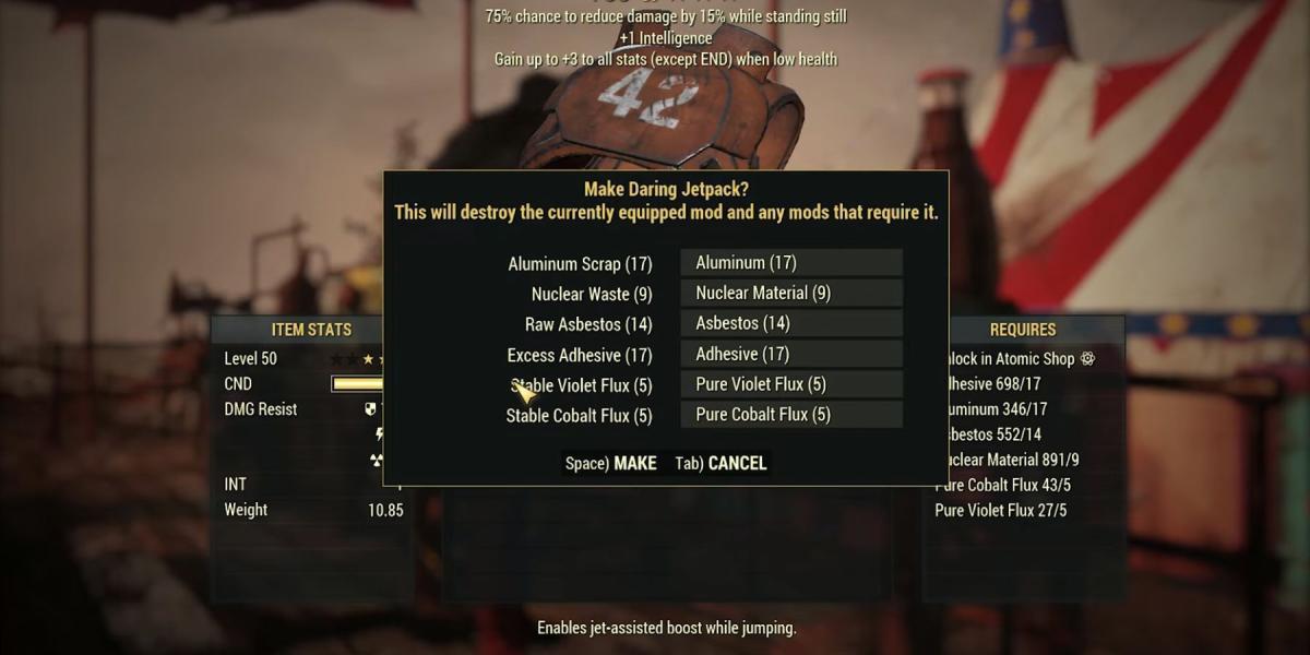 imagem mostrando os ingredientes necessários para criar um jet pack no Fallout 76.