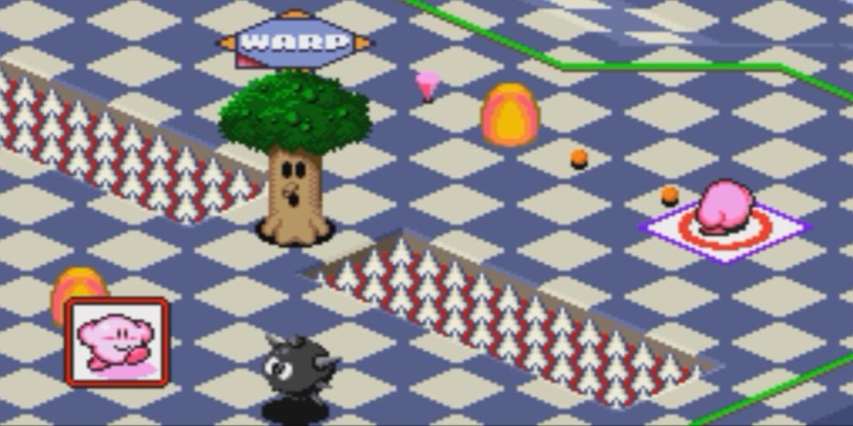 Kirby enfrentando um inimigo e uma dobra em Kirby's Dream Course