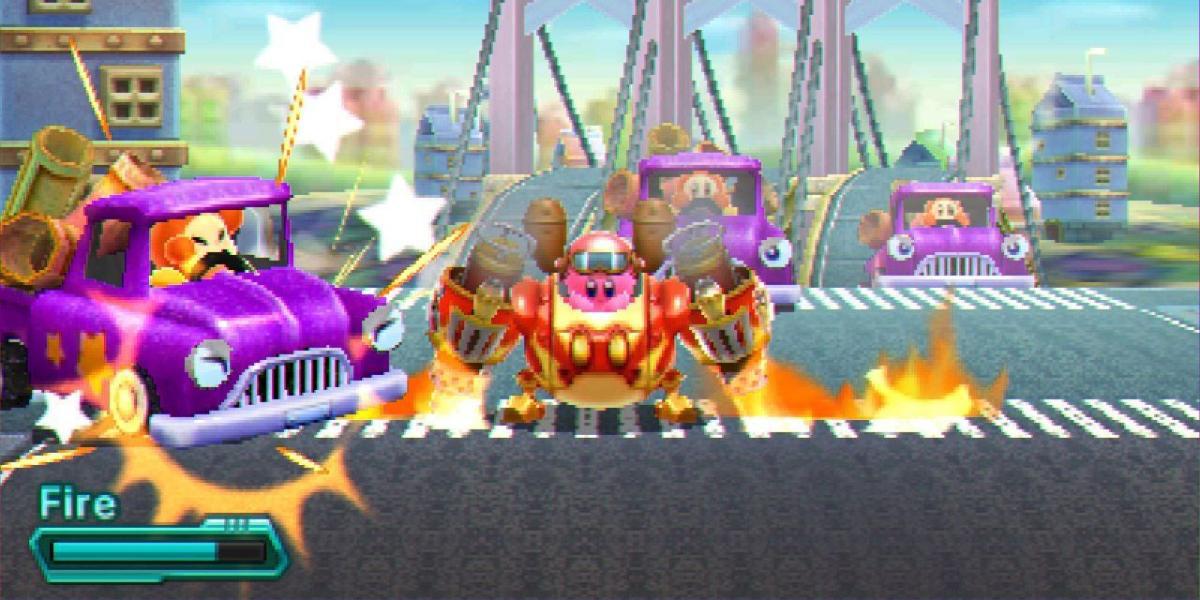 Kirby ativando o poder de seu traje mecânico movido a fogo em Kirby Planet Robobot