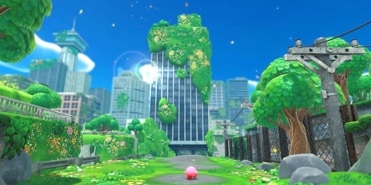 Kirby entrando no Novo Mundo pela primeira vez em Kirby and the Forgotten Land