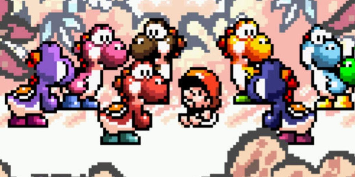 Cena de introdução de Yoshi's Island com Baby Mario e Yoshi's de cores diferentes