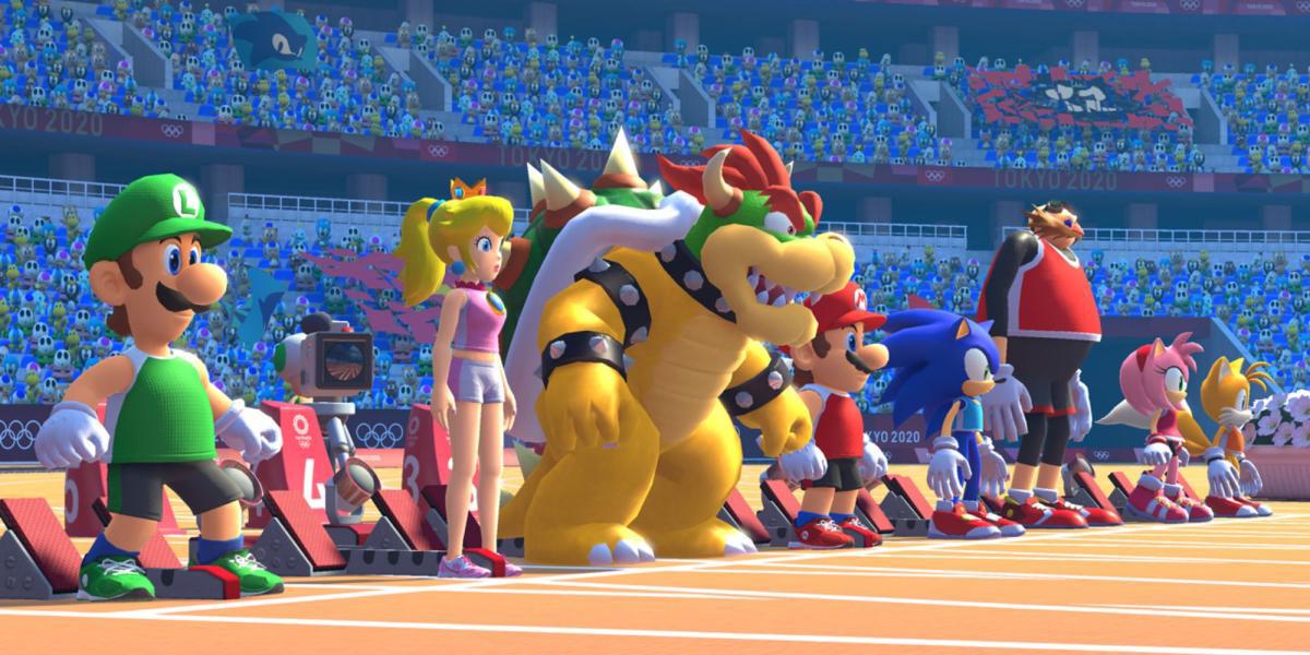 Mario, Sonic e amigos prontos para uma corrida na pista