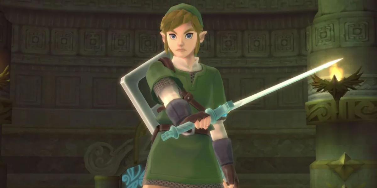 Link empunhando uma espada em Skyward Sword