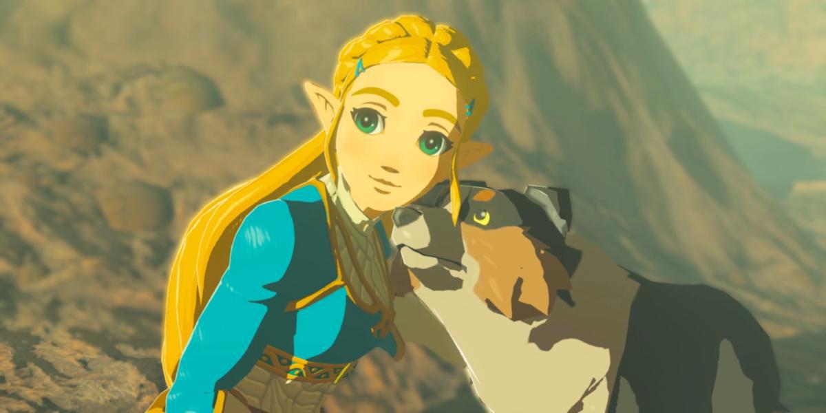 Zelda acariciando um cachorro em Breath of the Wild