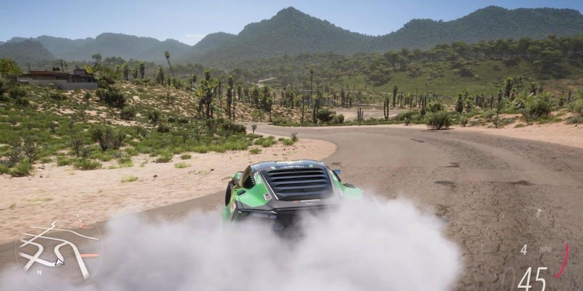 Forza Horizon 5 Formula Drift #357 Chevrolet Corvette Z06 fazendo uma curva fechada em uma estrada deserta