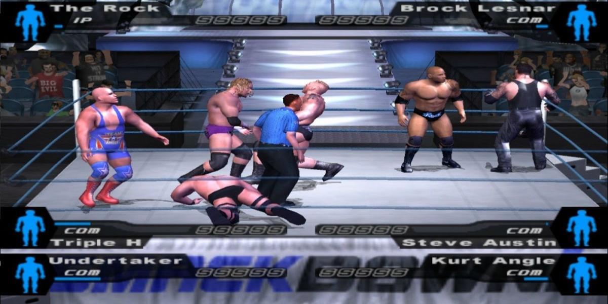 Marca de tornado de 6 homens com Kurt Angle, Undertaker, The Rock, Brock Lesnar e Triple H
