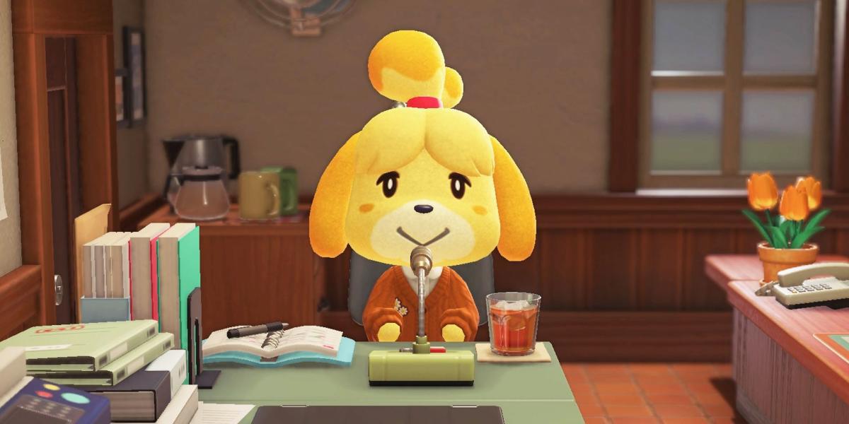 Isabelle sentada em sua mesa em Animal Crossing New Horizons