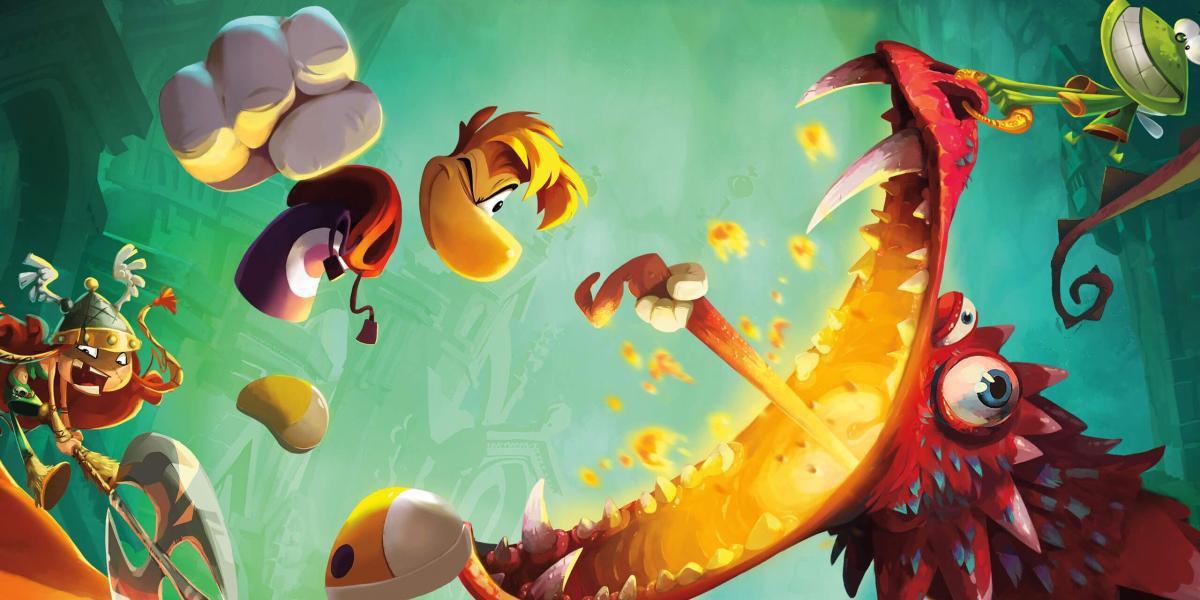 Rayman e seus amigos espancando um inimigo na arte da capa de Rayman Legends