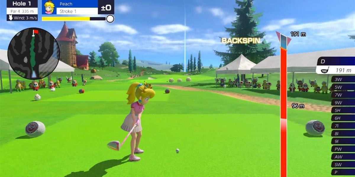 Peach acertando uma tacada backspin em Mario Golf Super Rush
