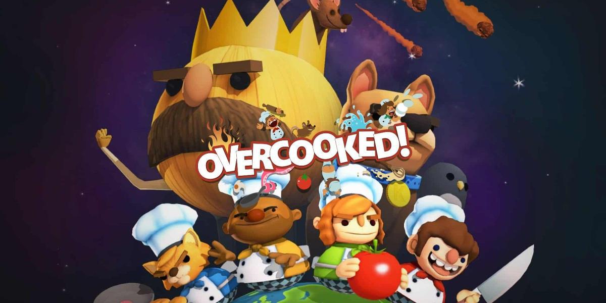 três pessoas e gato com chapéus de chef segurando tomate e faca sob cachorro e cebola rei de cozido demais