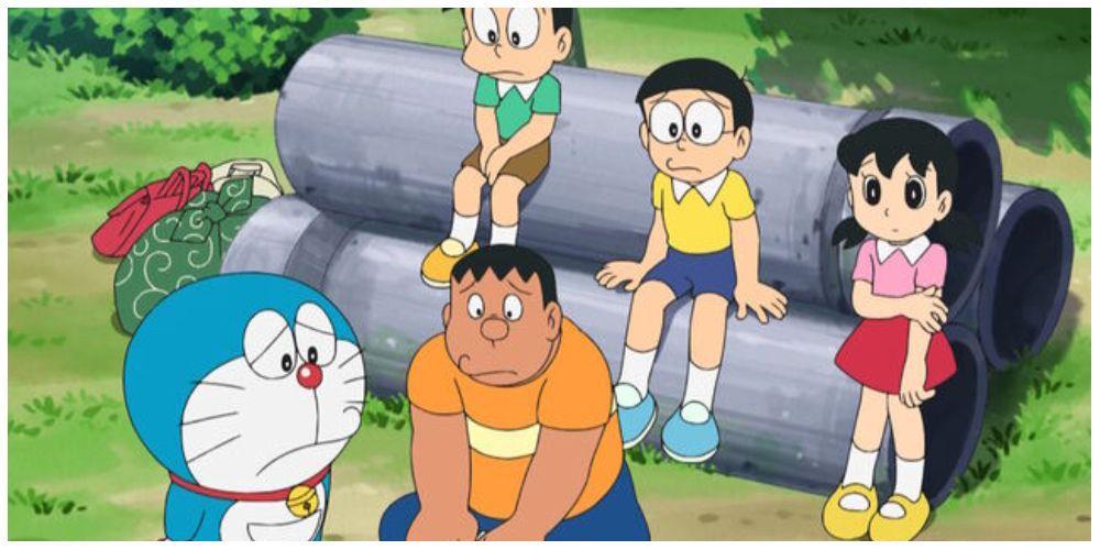 Doraemon e a tripulação antes de terem a fazenda em Doraemon Story of Seasons: Friends of the Great Kingdom