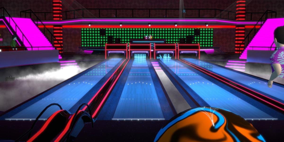 Uma pista de boliche em um clube com luzes neon no Premium Bowling