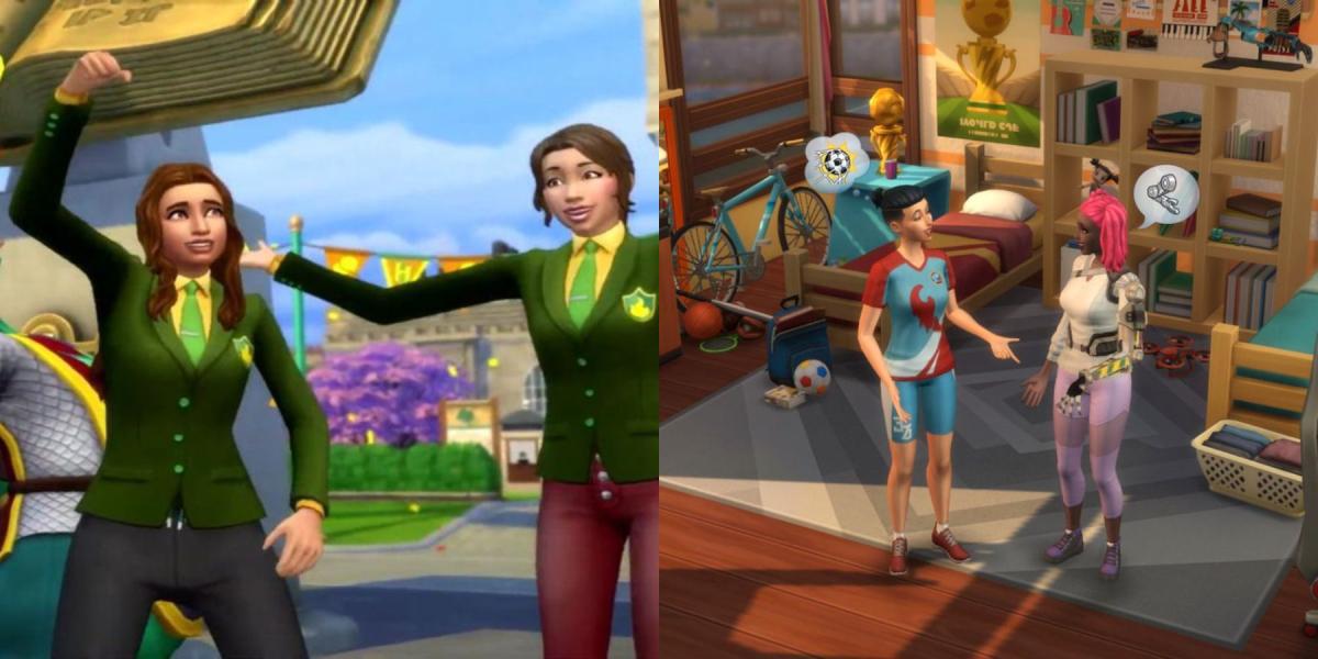 Grade dividida com duas capturas de tela do The Sims 4's Discover University Pack.